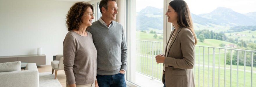 Agent immobilier suisse en discussion avec un couple de propriétaires vendeurs dans un salon lumineux