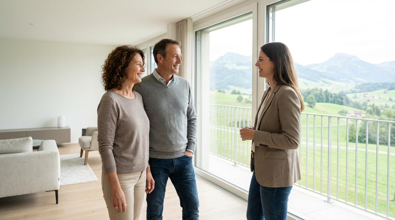 Agent immobilier suisse en discussion avec un couple de propriétaires vendeurs dans un salon lumineux