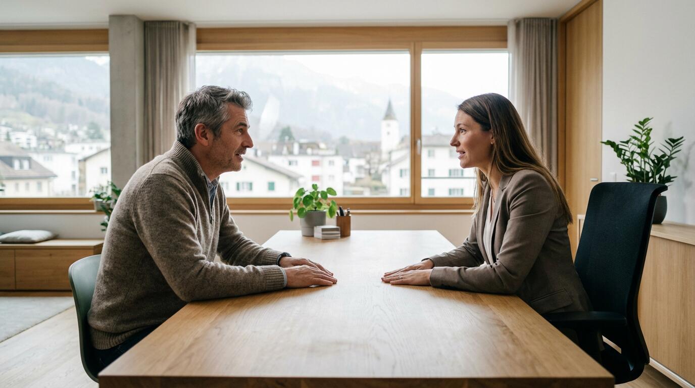 Vendeur et agent immobilier suisse en discussion de négociation dans un bureau d'agence