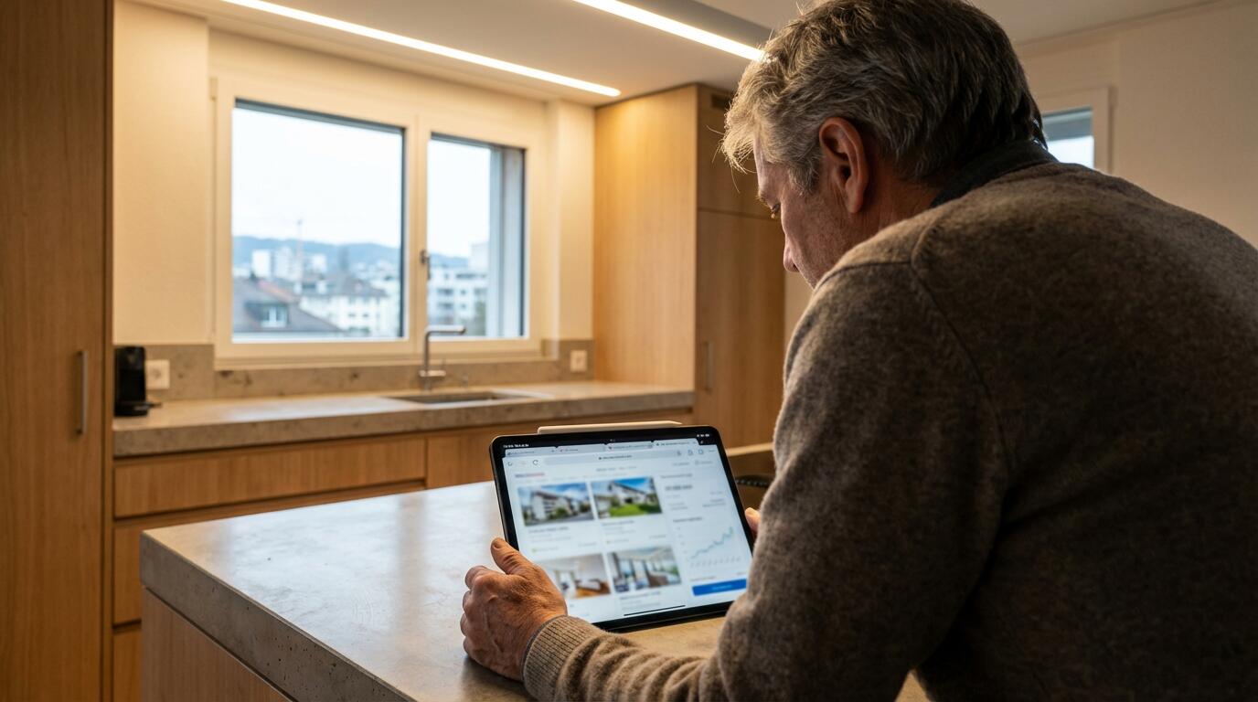 Propriétaire suisse consultant des informations immobilières sur tablette dans sa cuisine moderne