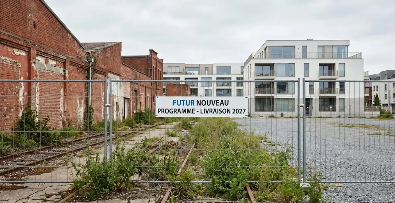 Friche industrielle dijonnaise au premier plan avec en arrière-plan une résidence neuve moderne en construction, symbolisant la mutation urbaine.