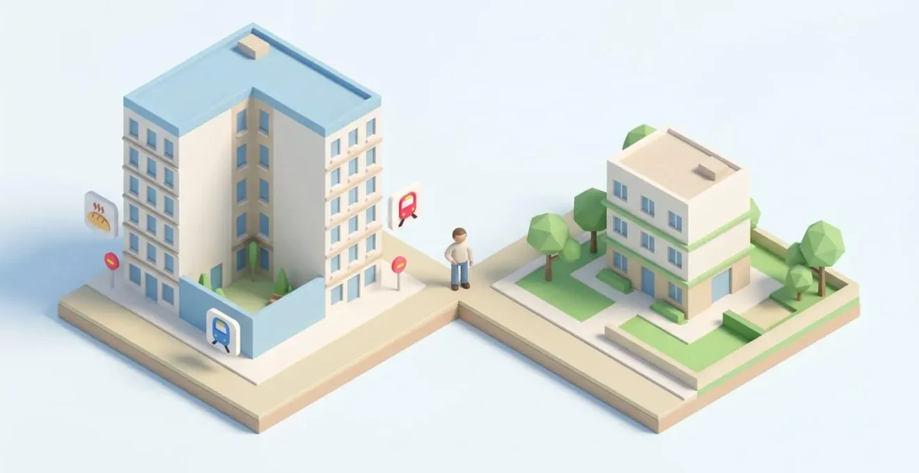 Illustration isométrique montrant un immeuble urbain dense à gauche et un petit collectif résidentiel aéré à droite, avec une figurine au centre symbolisant le choix.