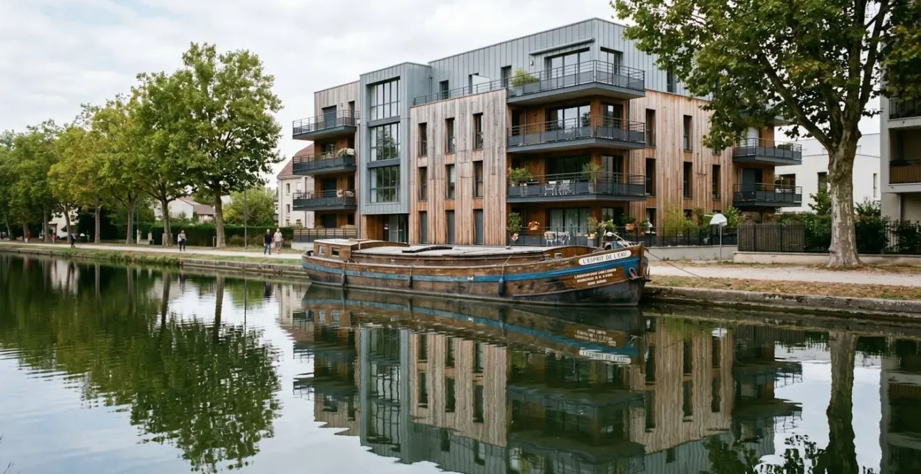 Résidence neuve moderne en bord du Canal de Bourgogne à Dijon, avec péniche amarrée et reflets dans l'eau calme.