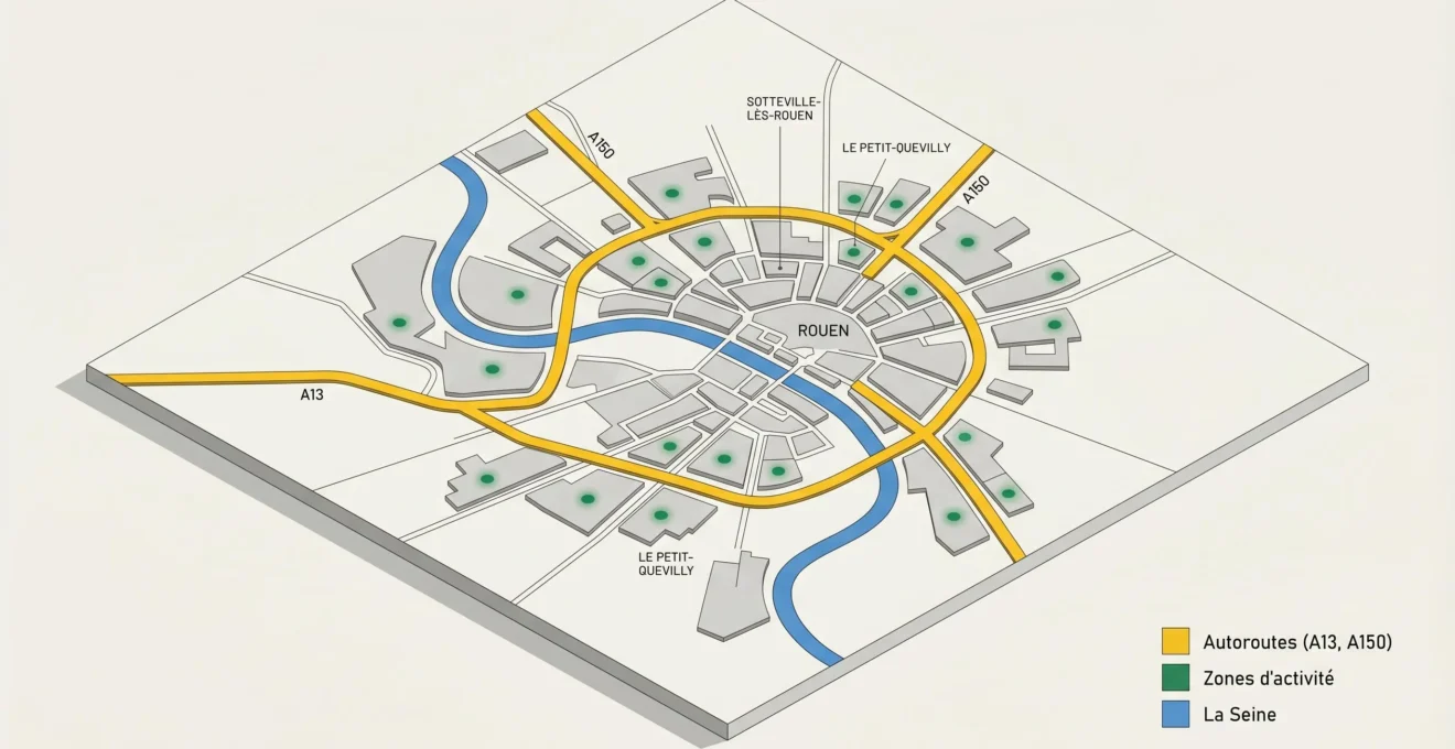 Carte isométrique des axes routiers et zones d'activité autour de Rouen