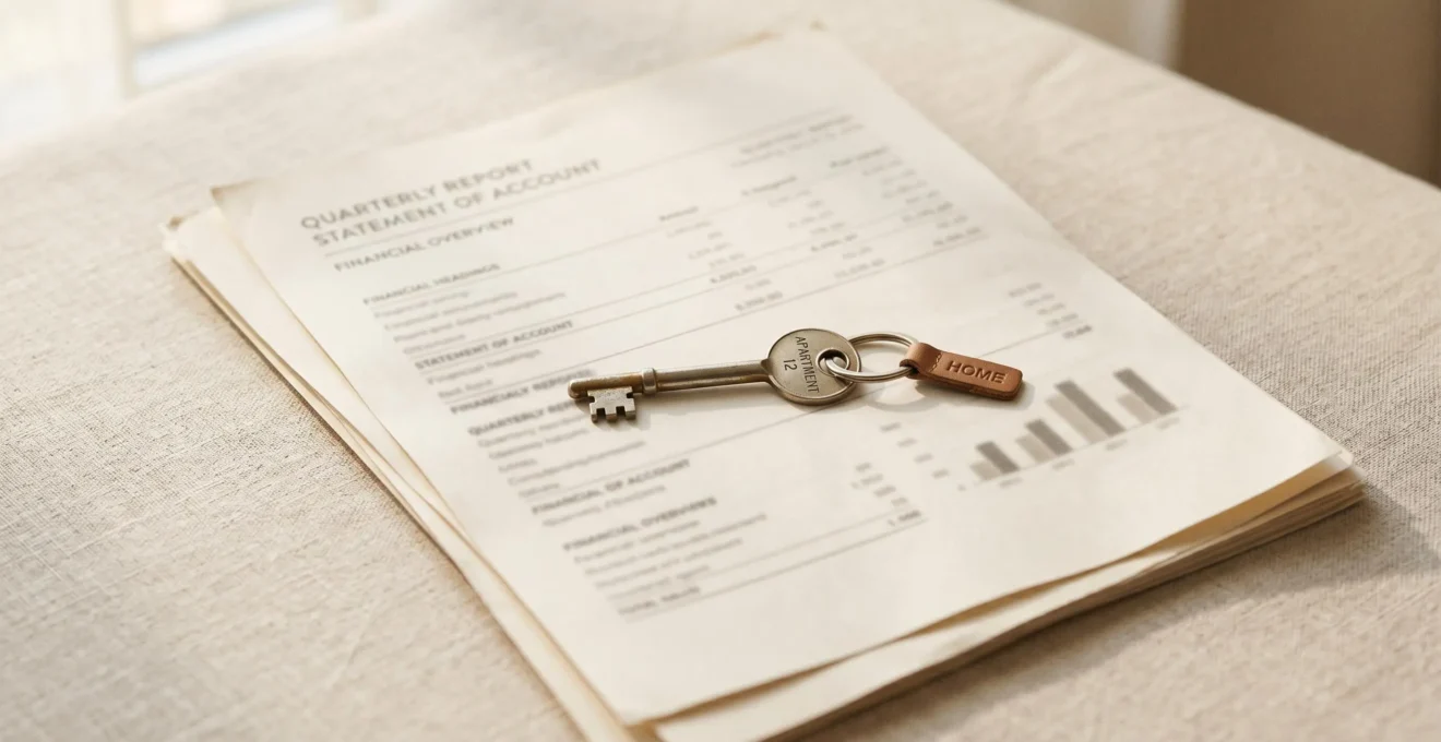 Clé d'appartement posée sur des documents de financement immobilier, représentant l'accès à la propriété