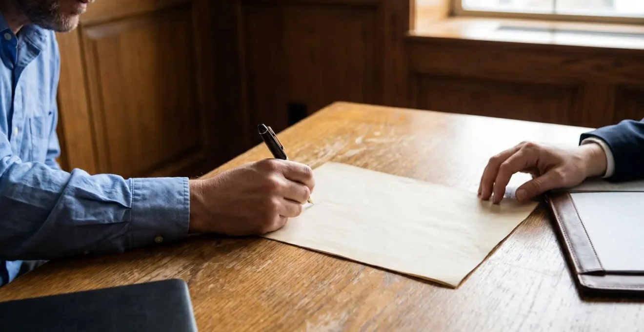 Mains signant un document contractuel dans un bureau américain, représentant la finalisation d'un achat immobilier par un non-résident