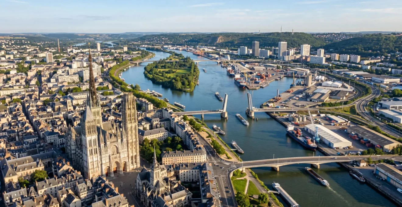 Vue aérienne de l'agglomération rouennaise montrant la cathédrale et les zones portuaires le long de la Seine