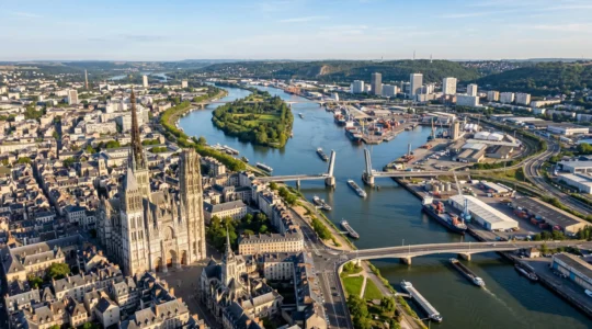 Vue aérienne de l'agglomération rouennaise montrant la cathédrale et les zones portuaires le long de la Seine