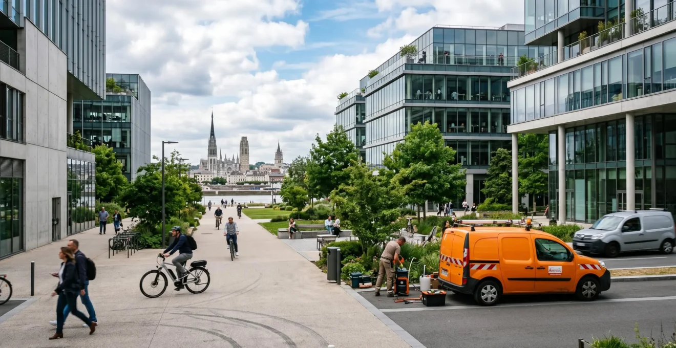 Zone d'activité moderne sur la rive gauche de Rouen avec bâtiments contemporains et espaces verts