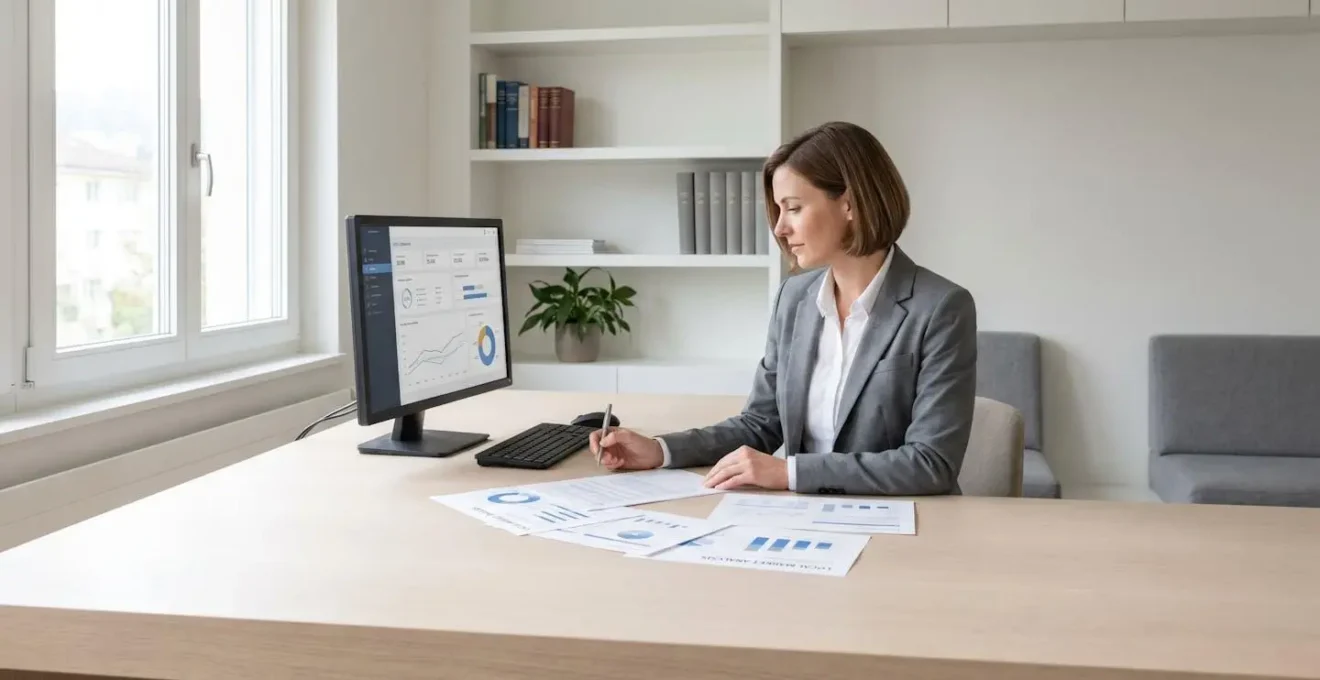 Agent immobilier professionnel analysant des données de marché sur ordinateur et documents dans un bureau contemporain éclairé naturellement