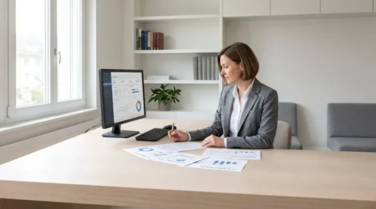 Agent immobilier professionnel analysant des données de marché sur ordinateur et documents dans un bureau contemporain éclairé naturellement