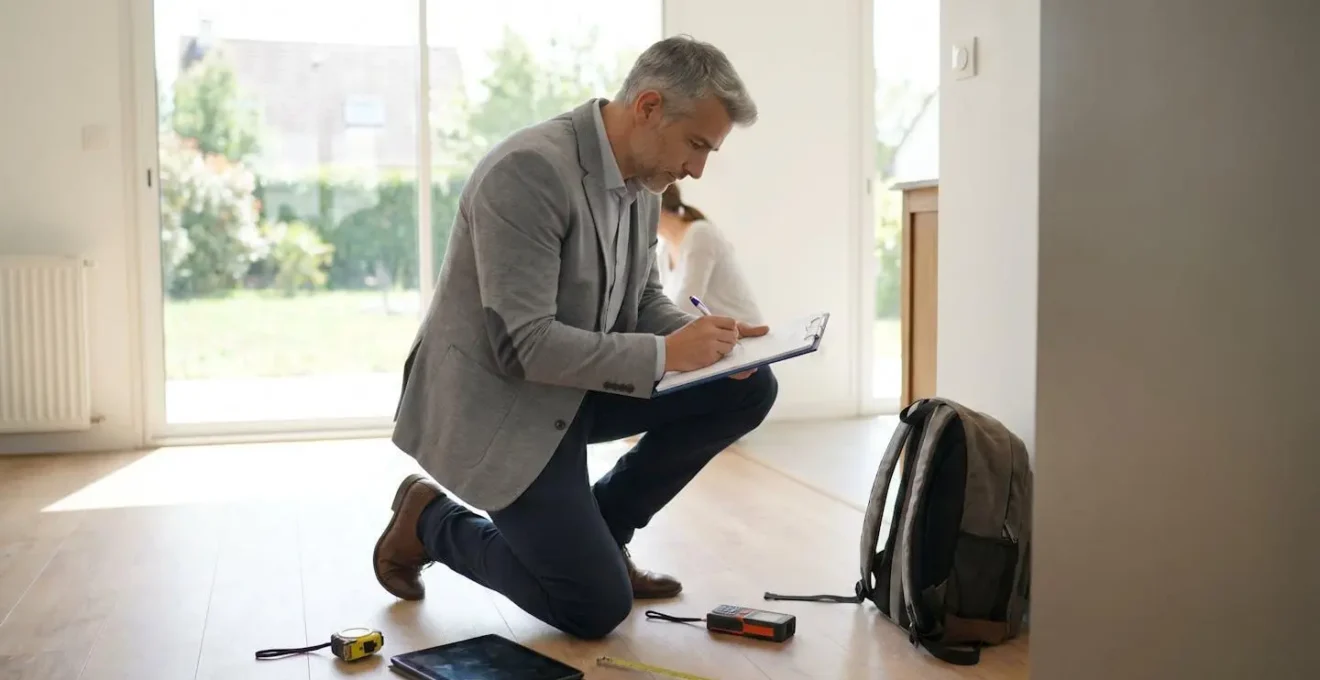 Agent immobilier réalisant une inspection technique dans un pavillon résidentiel, prenant des mesures et notes d'évaluation
