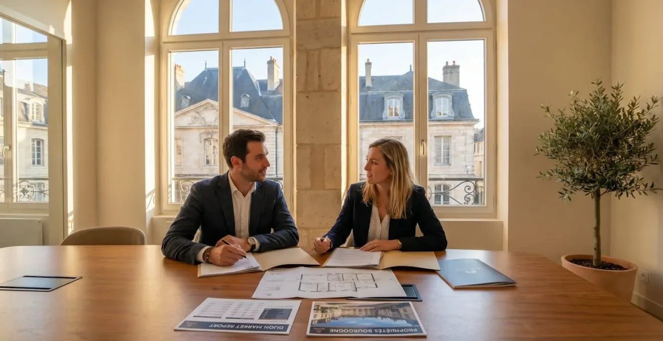Consultation professionnelle immobilière dans agence locale avec documents de marché et données géographiques dijonnaises