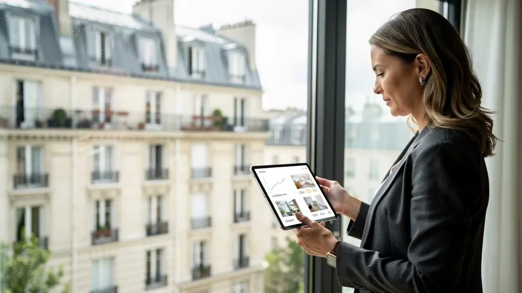 Agent immobilier consultant des données comparatives de marché sur tablette près d'une fenêtre donnant sur un quartier résidentiel français