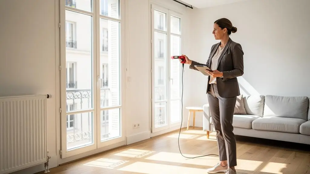 Agent immobilier réalisant une visite d'estimation dans un appartement français moderne avec lumière naturelle