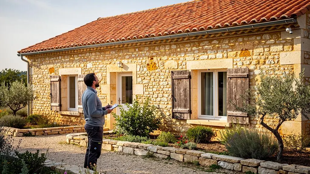 Agent immobilier évaluant une maison traditionnelle en pierre avec caractéristiques architecturales régionales françaises