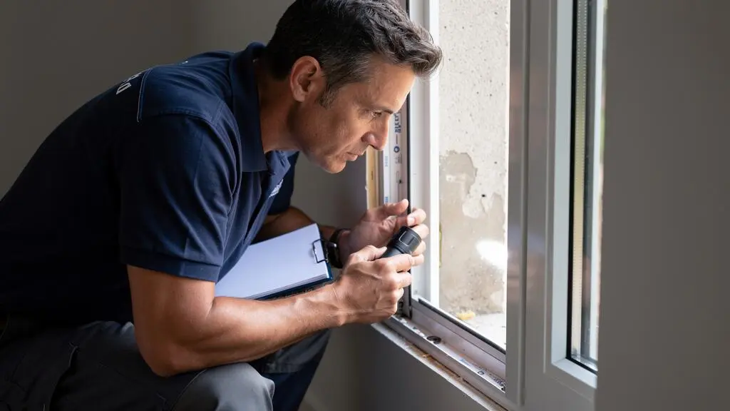 Agent immobilier inspectant en détail les huisseries et l'isolation thermique d'une fenêtre lors d'une estimation