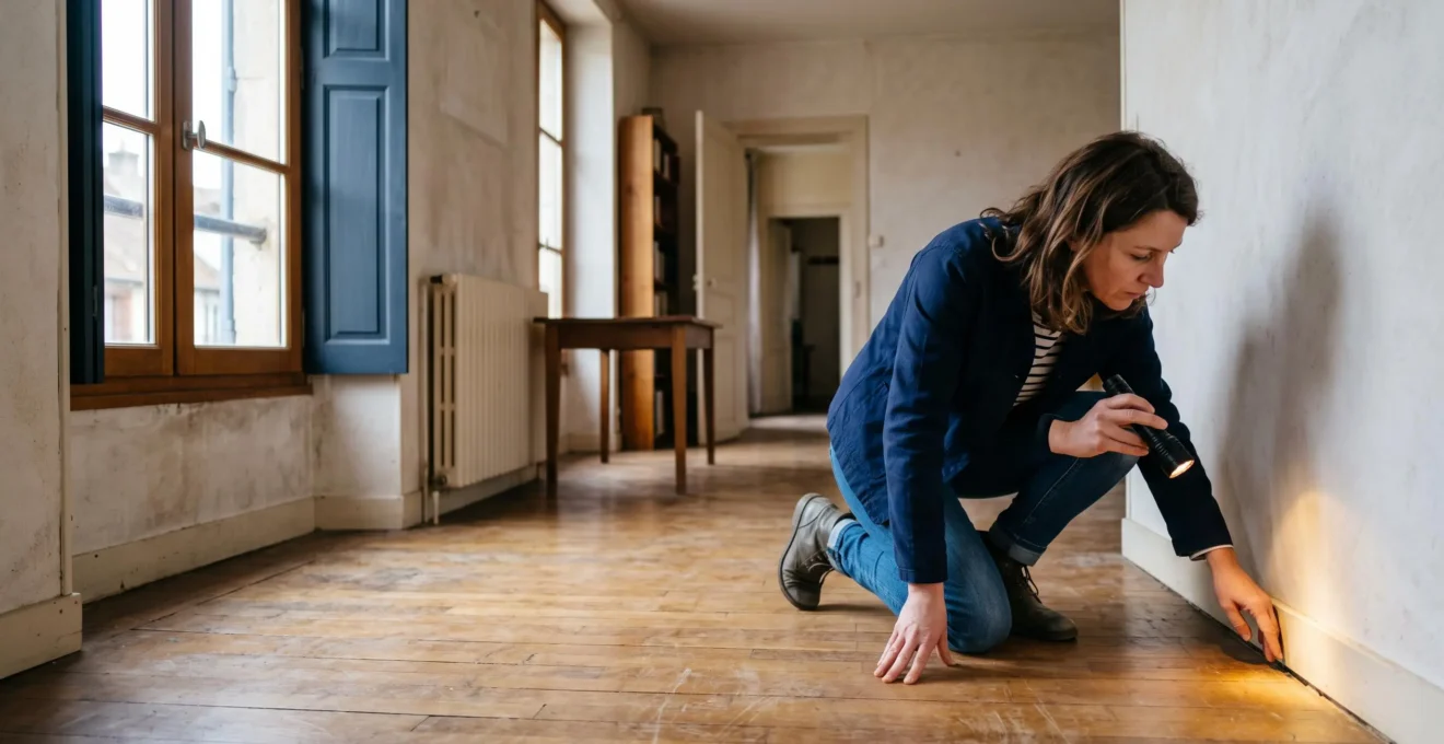 Une acquéreuse examine le parquet et la plinthe d'un salon avec une lampe torche lors d'une visite.