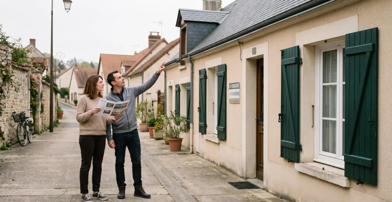 Un couple observe une maison à vendre depuis le trottoir d'une rue résidentielle française.