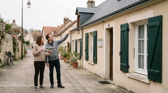 Un couple observe une maison à vendre depuis le trottoir d'une rue résidentielle française.