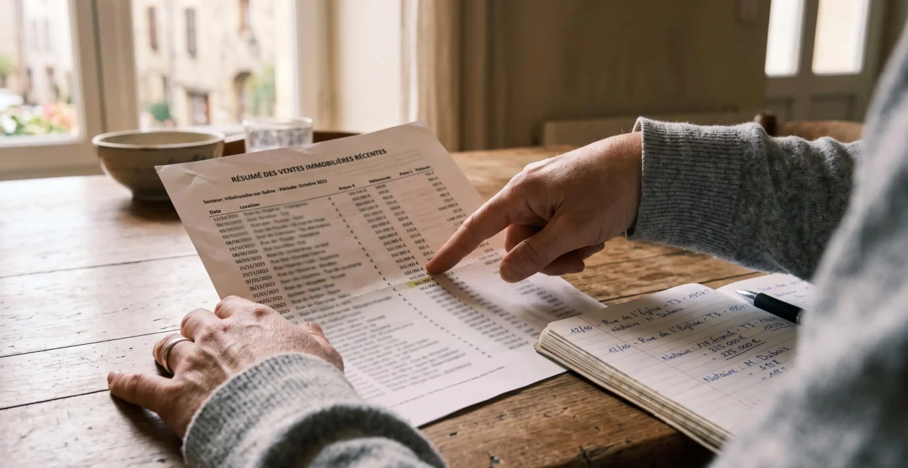 Des mains pointent une ligne de chiffres sur un document comparant des prix de ventes immobilières.