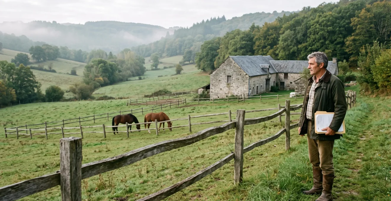 Un acheteur observe une prairie équestre avec chevaux, bois et dépendance en pierre en Corrèze.