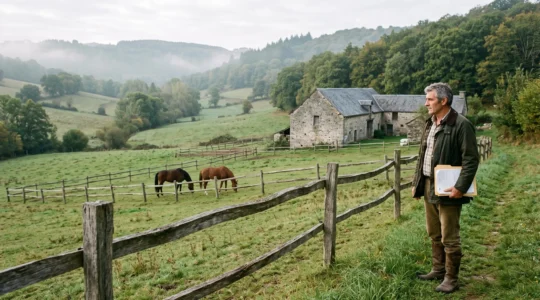 Un acheteur observe une prairie équestre avec chevaux, bois et dépendance en pierre en Corrèze.