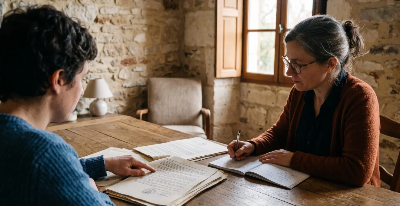Deux personnes comparent des documents d'acte à une table dans une dépendance en pierre.