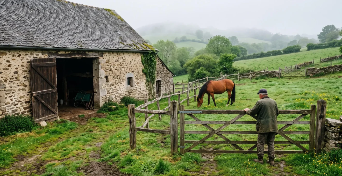 Une grange en pierre près d'un pré où un cheval broute sous une lumière matinale.