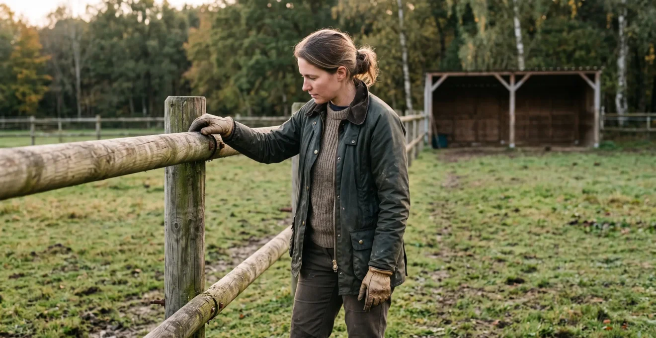 Une personne vérifie la solidité d'une clôture en bois bordant une prairie équestre.